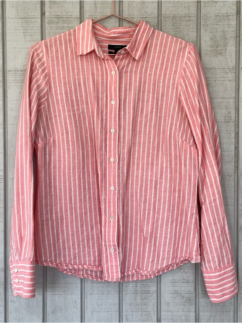 J.Crew Perfect Pink White Stripe Linen Cotton Button Down Shirt 8